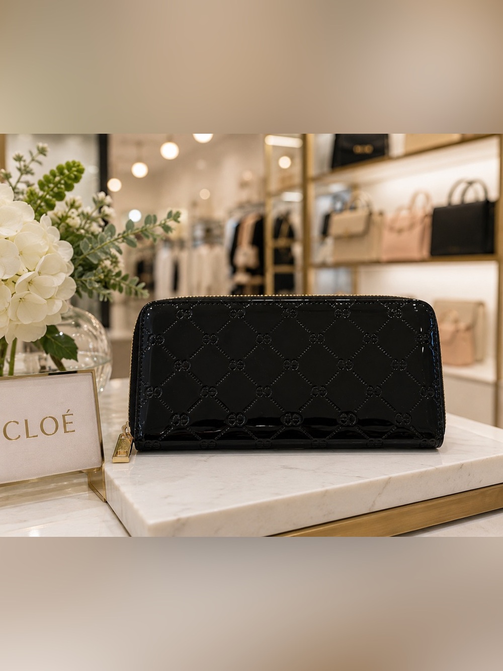 CLOE Black Patent Quilted Zip Around Wallet Organizer NWT